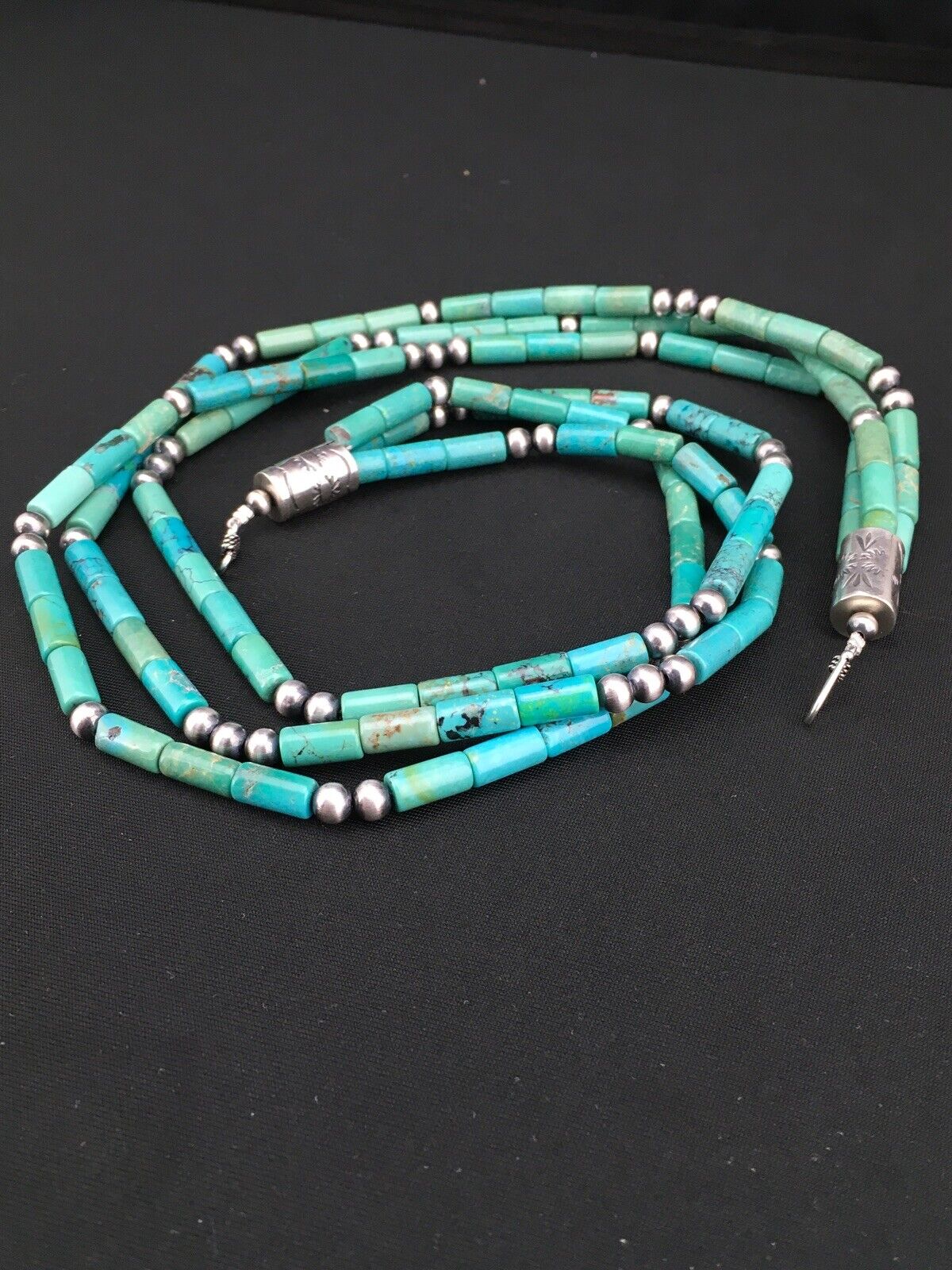 Navajo Turquoise Tube Bead Necklace | 3 Strand | Sterling Silver | 22" | Authentic Native American Handmade | 4790