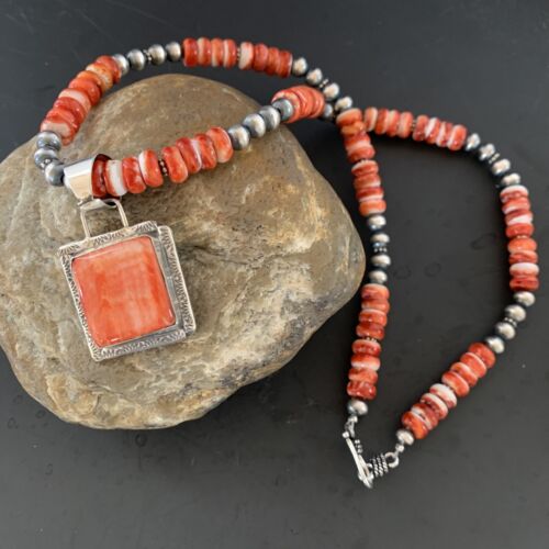 Navajo Pearls Necklace with Red Spiny Oyster Pendant | Sterling Silver | Authentic Native American Handmade | 11324
