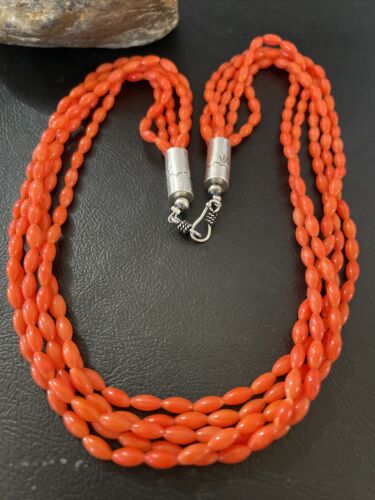 Navajo Orange Coral 5-Strand Necklace | Sterling Silver Barrel Beads | 22" | Authentic Native American Handmade | 10437