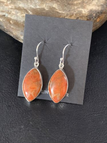 Native American Orange Apple Coral Dangle Drop Earrings | Sterling Silver | 1" | 14096