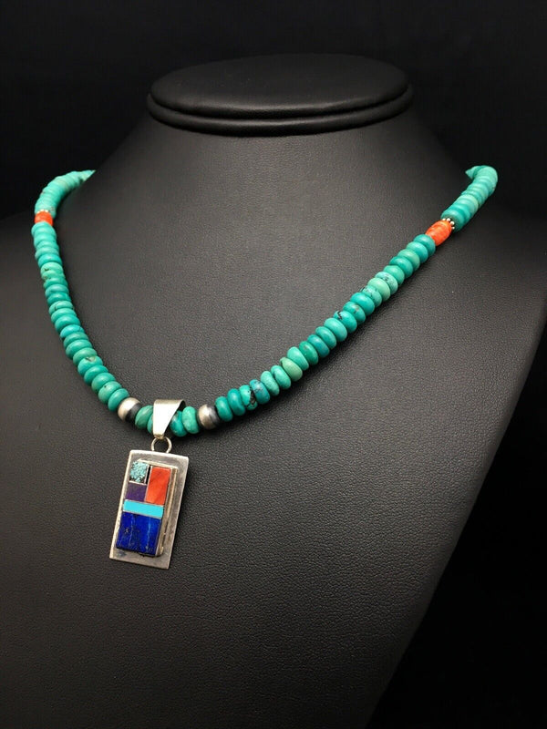 Navajo Turquoise & Lapis Inlay Pendant Necklace | Sterling Silver | 19" | Authentic Native American Handmade | 4077