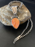 Navajo Orange Spiny Oyster Pendant Necklace | Sterling Silver | Authentic Native American Handmade | 13079