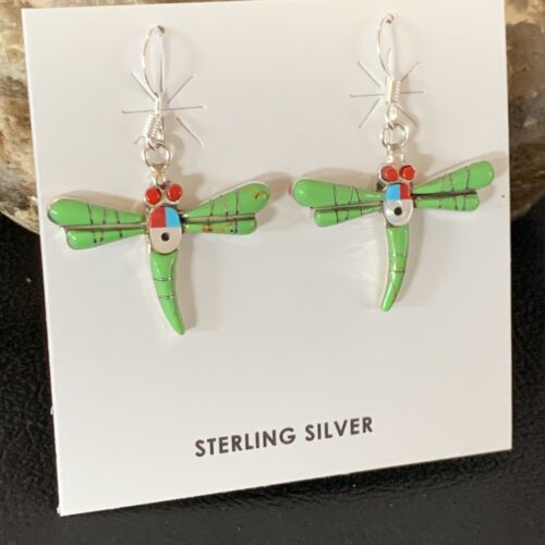 Navajo Dragonfly Earrings | Green Gaspeite, Coral, Mother of Pearl Inlay | Sterling Silver | 1" | 13319 - Masha USA