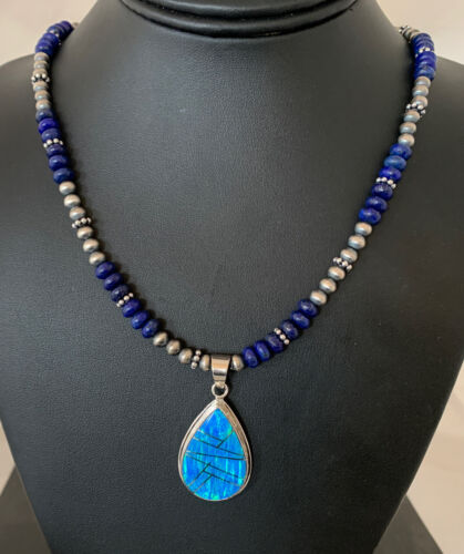 Navajo Pearls Necklace with Lapis, Turquoise, and Blue Opal Pendant | Sterling Silver | 1171