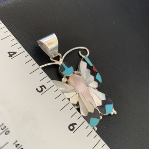 Zuni Blue Turquoise Coral Butterfly Inlay Pendant | Sterling Silver Necklace | Authentic Native American Inlay | 11967 - Masha USA