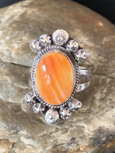 Navajo Orange Spiny Oyster Ring | Sterling Silver | Sz 9.5 | Authentic Native American Handmade | 13282