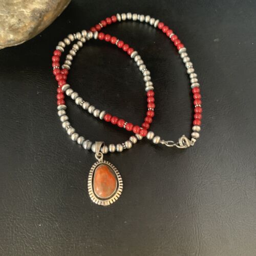 Navajo Red Apple Coral Pendant Necklace | Sterling Silver Beads | Authentic Native American Handmade | 13438