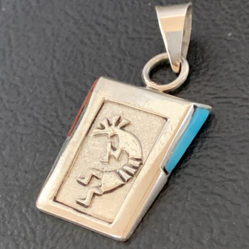 Navajo Kokopelli Coral Turquoise Inlay Pendant | Sterling Silver | Authentic Native American Handmade | 10880