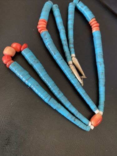 Southwestern Santo Domingo Pink Coral Blue Turquoise Jacla Necklace | 20" | Authentic Native American Handmade | 12516