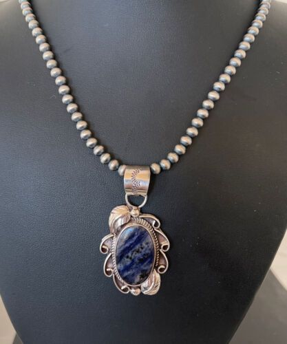 Men's Handmade Navajo Sterling Silver Beads Necklace | Lapis Pendant 2" | Authentic Native American | 1208