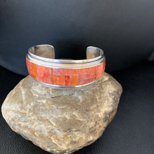 Navajo Red Spiny Oyster Cuff Inlay Bracelet | Sterling Silver | Authentic Native American Handmade | 13659