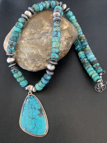 Navajo Pearls Spiderweb Beads Turquoise Necklace Pendant | Sterling Silver | Authentic Native American Handmade | 10239