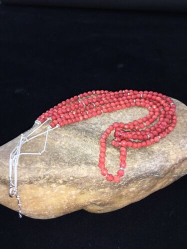 Southwestern Navajo Faceted Red Coral Bead Necklace | Sterling Silver | Authentic Native American Handmade | 01819