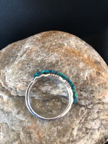 Southwestern Navajo Blue Opal Inlay Ring | Sterling Silver | Sz 7.5 | Authentic Native American Handmade | Yazzie | 10610
