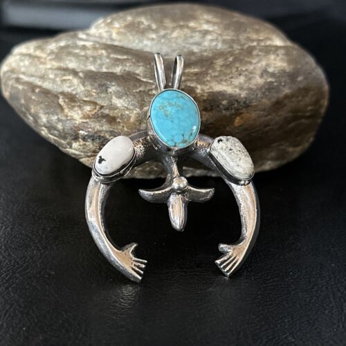 Navajo Blue Kingman Turquoise White Buffalo Naja Pendant | Sterling Silver | Authentic Native American Handmade | 14669 - Masha USA