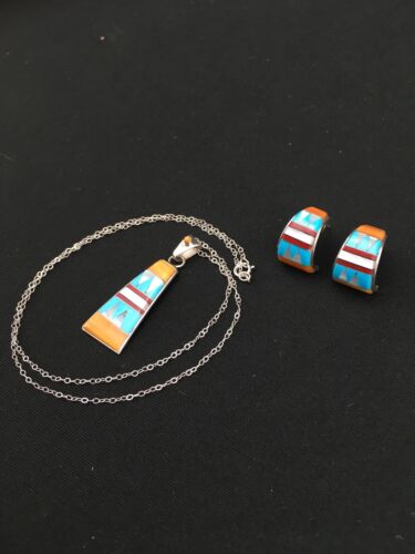 Navajo Multi-Stone Inlay Pendant Necklace & Earrings Set | Sterling Silver | Authentic Native American Handmade | 4741