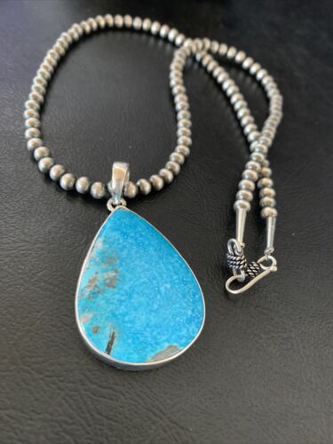 Navajo Pearls Blue Kingman Turquoise Necklace Pendant | Sterling Silver | Authentic Native American Handmade | 11809