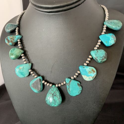 Southwestern Navajo Pearls Necklace | Sterling Silver | Blue Turquoise Teardrop | 13150