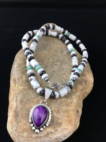 Navajo Purple Sugilite Turquoise Bead Necklace | Sterling Silver | 22" | Authentic Native American Handmade | 10033