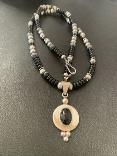 Navajo Pearls Black Onyx Bead Necklace | Sterling Silver | Authentic Native American Handmade | 2085