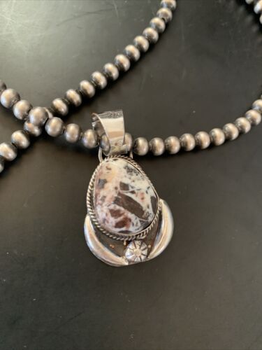 Navajo White Buffalo Turquoise Pendant Necklace | Sterling Silver | Authentic Native American Handmade | 11401