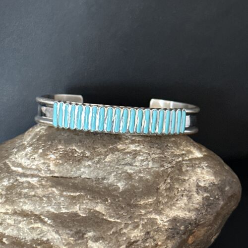 Zuni Blue Turquoise Inlay Cuff Bracelet | Sterling Silver | Authentic Native American Handmade | 14588