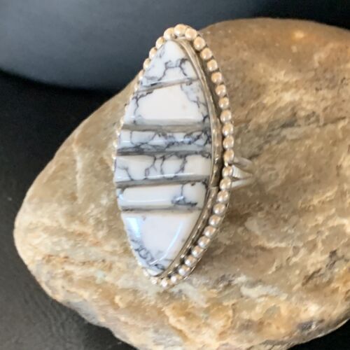 Navajo White Buffalo Turquoise Inlay Ring | Sterling Silver | Sz 7 | Authentic Native American Handmade | 12176
