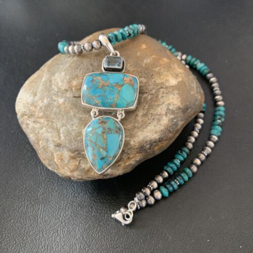 Navajo Pearls Sterling Silver Necklace with Blue Mojave AZ Turquoise Pendant | Multi-Stone | 11819