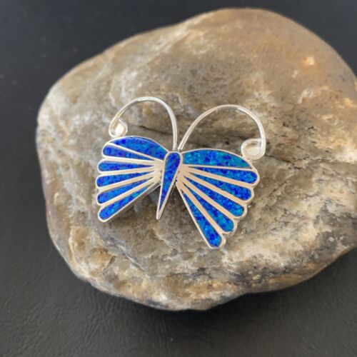 Navajo Blue Opal Butterfly Sterling Silver Necklace Pin Pendant | 11973