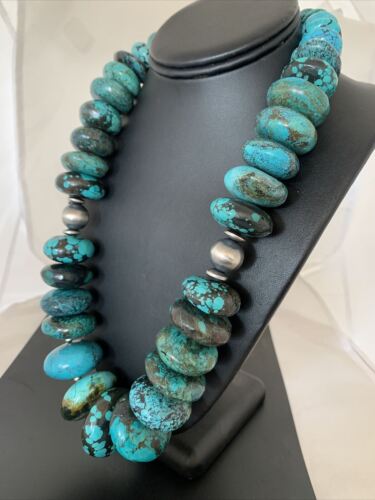Navajo Sterling Silver & Blue Turquoise Graduated Necklace | Authentic Native American | 24" | 01842