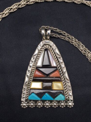 Navajo Multi-Color Turquoise Pendant Necklace | Sterling Silver | Authentic Native American Handmade | 20" | 4093