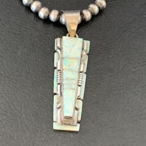 Navajo White Opal Inlay Pendant | Sterling Silver | 2" | Authentic Native American Handmade | 10917