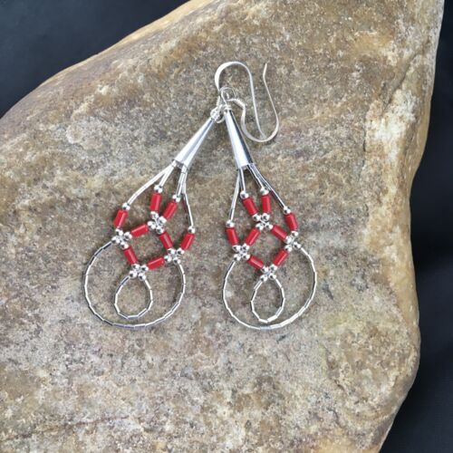 Native American Red Coral Tube Heishi Dangle Earrings | Liquid Sterling Silver | 2" | 3104