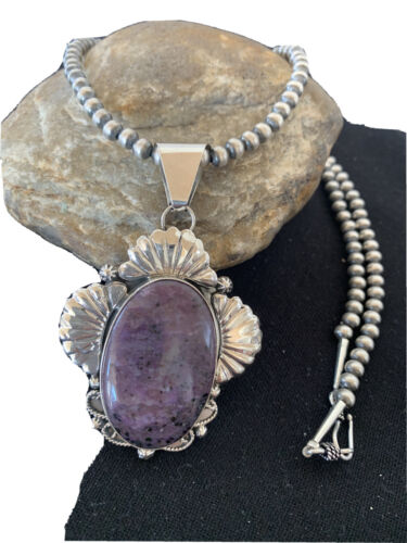 Men's Navajo Pearls Necklace | Sterling Silver Purple Sugilite Pendant | Authentic Native American Handmade | 1537