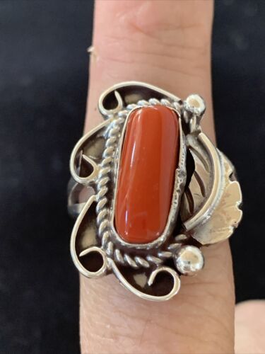 Navajo Red Coral Ring | Sterling Silver | Sz 9 | Authentic Native American Handmade | 01299 - Masha USA