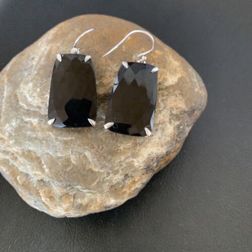 Navajo Black Faceted Quartz Dangle Earrings | Sterling Silver | 1" | Authentic Native American Handmade | 12087