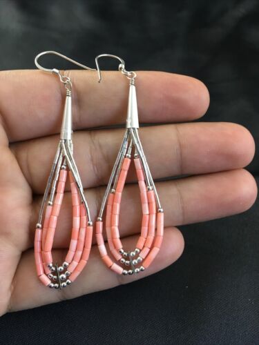 Handmade Liquid Silver Tube Bead Heishi Dangle Earrings | Pink Coral | Sterling Silver | 2.25" | 2025