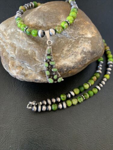 Navajo Green Gaspeite Turquoise Multi-Stone Pendant | Authentic Native American Sterling Silver | 12269