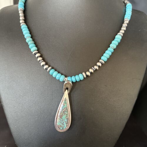 Navajo Blue Turquoise Pendant Necklace | Sterling Silver | 22" | Authentic Native American Handmade | 14603