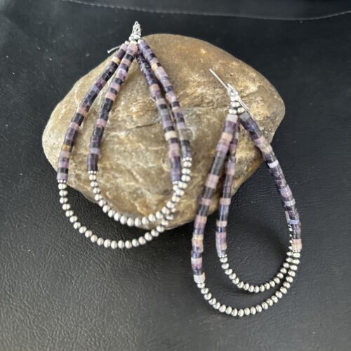 Native American Sugilite Heishi Bead Earrings | Sterling Silver | 4" | 14316