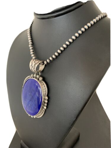 Men's Lapis Lazuli Pendant | Navajo Pearls Sterling Silver Necklace | Authentic Native American Handmade | 1282