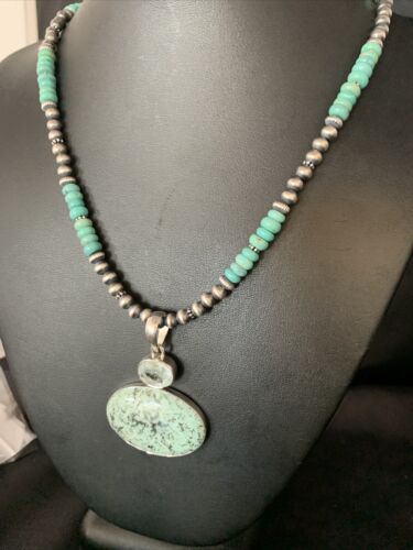 Navajo Pearls Sterling Silver Necklace | Blue Spiderweb Turquoise Pendant | Multi-Stone | 13921