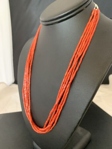 Southwestern Natural Red Coral Heishi Necklace | 5 Strand | Sterling Silver | 20" | 1217