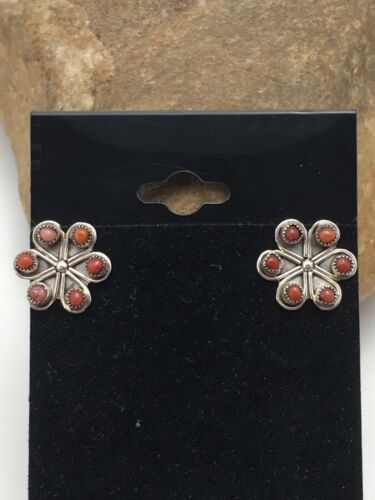 Native American Zuni Cluster Necklace and Coral Earrings Set | Sterling Silver | 0.6" | 1074