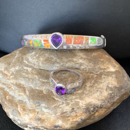 Old Pawn Navajo Opal Amethyst Bracelet | Sterling Silver | 7" | Sz 7 | Authentic Native American Handmade | 13121