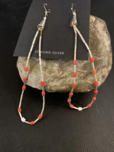 XL Coral Heishi Beads Earrings | Sterling Silver Navajo Pearls | 4" | Authentic Native American Handmade | 13033