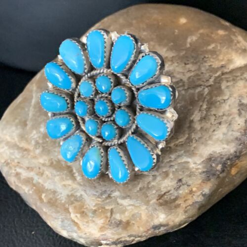 Navajo Blue Kingman Turquoise Cluster Ring | Authentic Native American Sterling Silver | Multi-Stone | Sz 9 | 13715