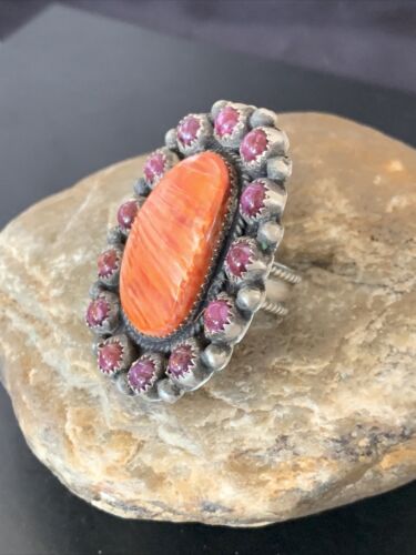 Navajo Spiny Oyster Cluster Ring | Authentic Native American Sterling Silver | Multi-Stone | Purple Orange | Sz 8 | 11513