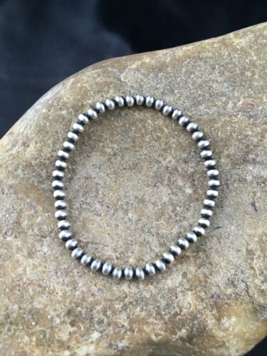 Navajo Pearls 4mm Beads | 8" Stretch Sterling Silver Bracelet | Authentic Native American
