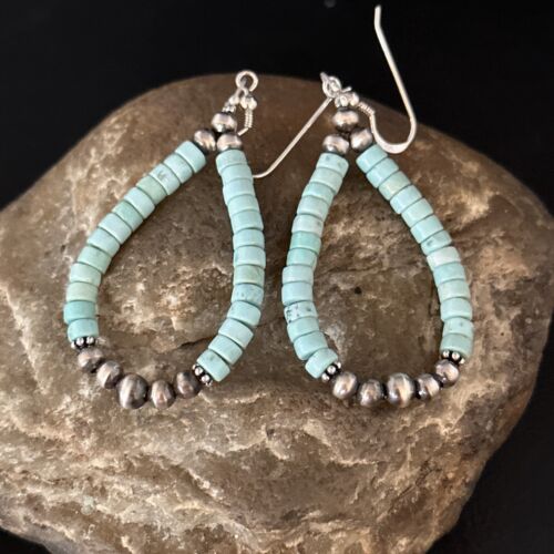 Navajo Blue Turquoise Heishi Dangle Earrings | Sterling Silver | 2" | Authentic Native American Handmade | 14363